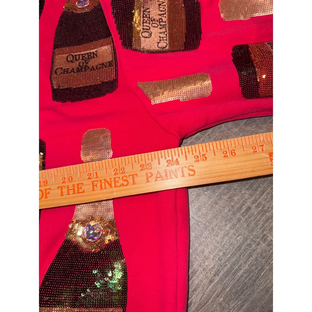 QUEEN OF SPARKLES Red and Gold Champagne Bottle Sequin Sweatshirt - Picture 4 of 6